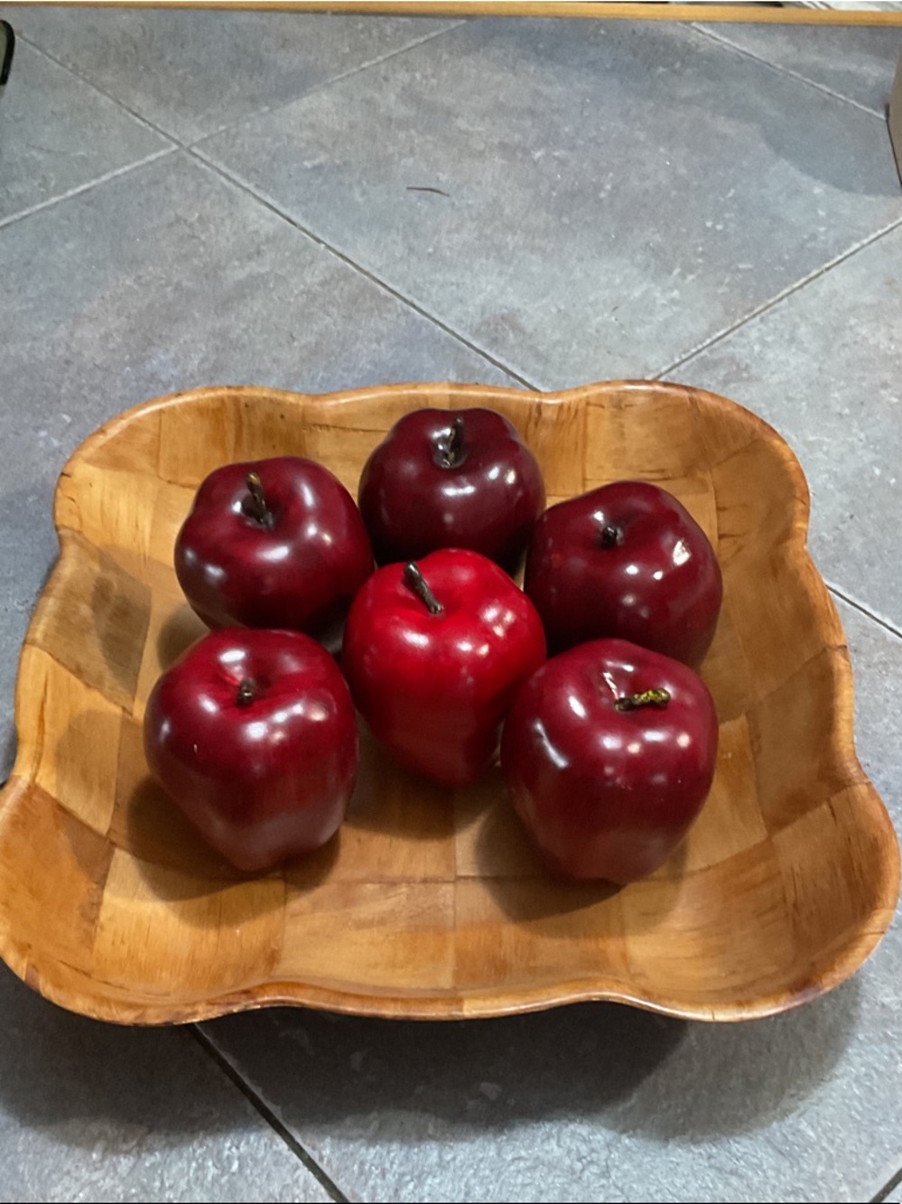 Wooden Square Bowl with Decorative Red Apples